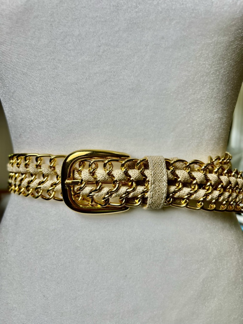 Stanley Gold-Trim Beige Braided Chain Belt Vintage‎ 80's XL